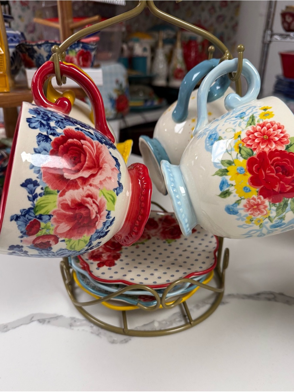 The Pioneer Woman Floral Ceramic Teacup Set with Red and Blue Accents